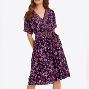Draper James Dress Women’s Small Miranda Navy Floral Print V-Neck Midi Wrap